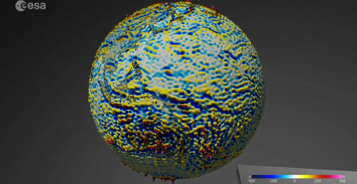 Mapping of the 'lithospheric magnetic field' in the Earth crust with colors indicating the varying strengh of the magnetic field in the unit Tesla (Image: ESA)