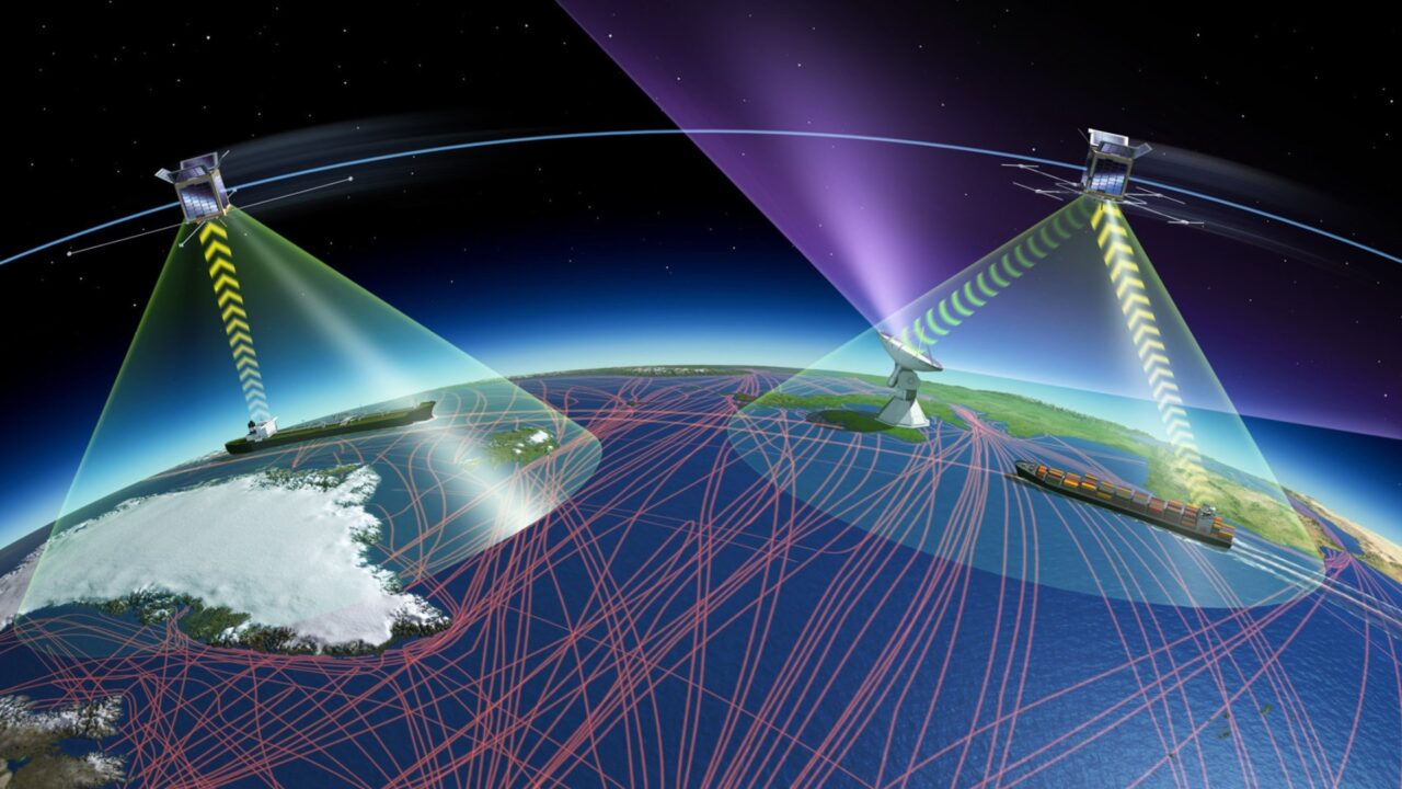 Illustration, der viser to sattellitter, som kommunikerer med stationer på landjorden og skibe til havs.