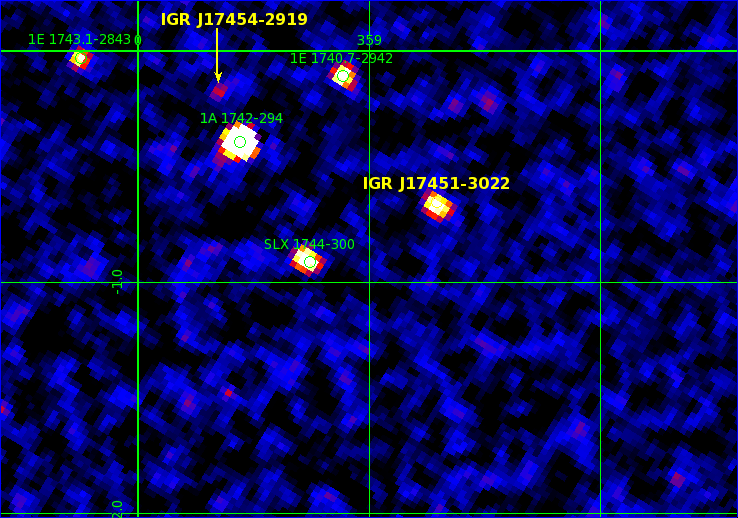 JEM-X opdagelsesbilledet af røntgenkilde IGR J17454-2919 der formodentligt er et sort hul